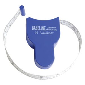Blue Baseline tape measure casing with a curved white measuring tape around it, showing measurement marks and numbers