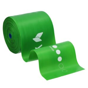 bright green rolled exercise mat with a white logo and circular size markers along the side, partially unrolled.
