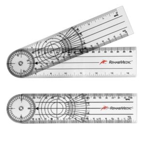 two overlapping transparent plastic protractors with rulers and circular scales, rehabmedic logo visible on the rulers.
