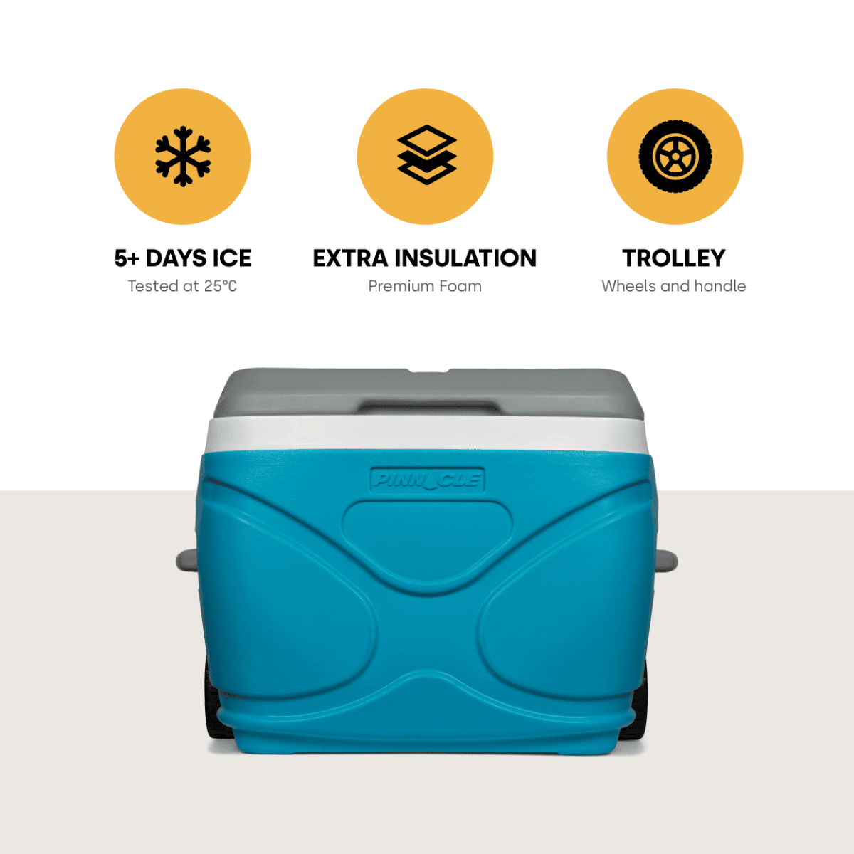 hladilna_torba_66_1 - fizio trgovina blue portable cooler with wheels and raised lid, shown with three feature icons above: 5+ days ice, extra insulation, trolley wheels and handle