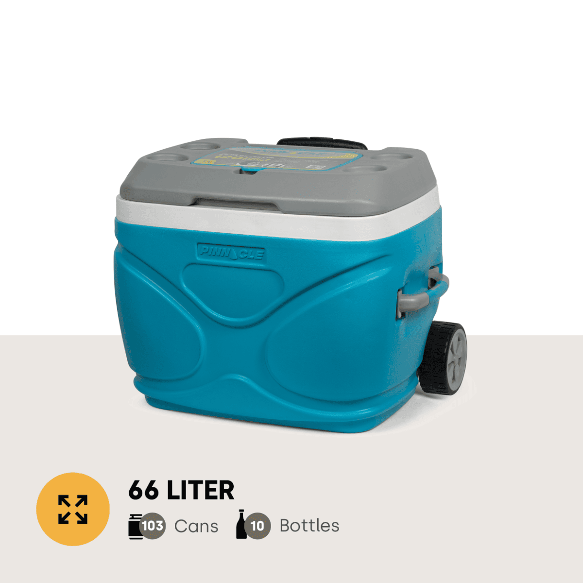 hladilna_torba_66_2 - fizio trgovina blue 66-liter cooler with gray lid and wheels, showing capacity icons for 103 cans and 10 bottles.