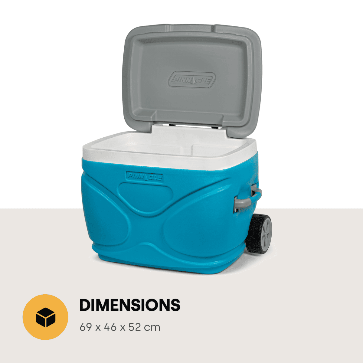 hladilna_torba_66_3 - fizio trgovina blue wheeled cooler with the lid open, gray top and white interior; dimensions shown as 69 x 46 x 52 cm, pinnacle brand.