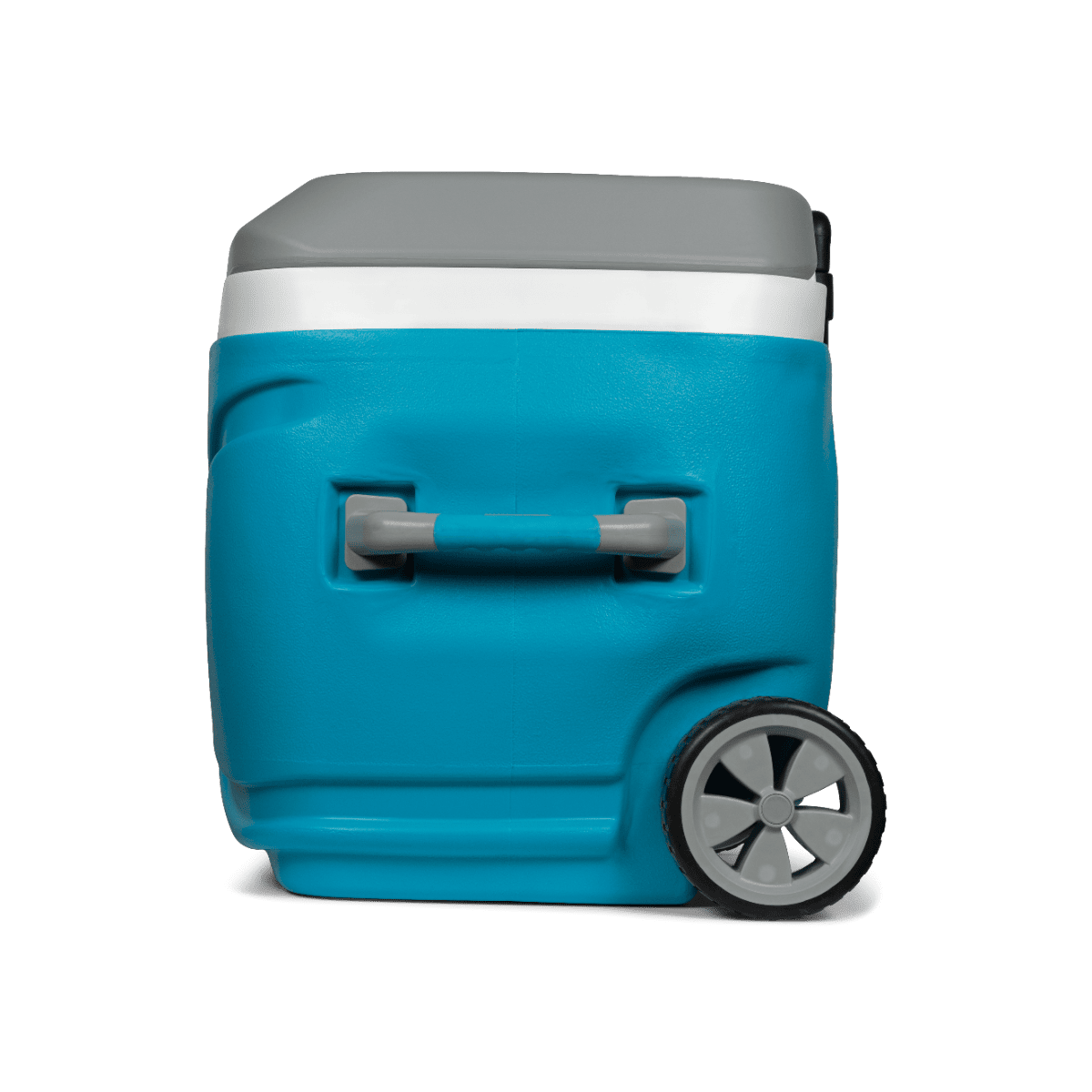 hladilna_torba_66_4 - fizio trgovina blue portable cooler with a gray lid and a side handle, shown from the side with a wheel visible at the bottom edge.