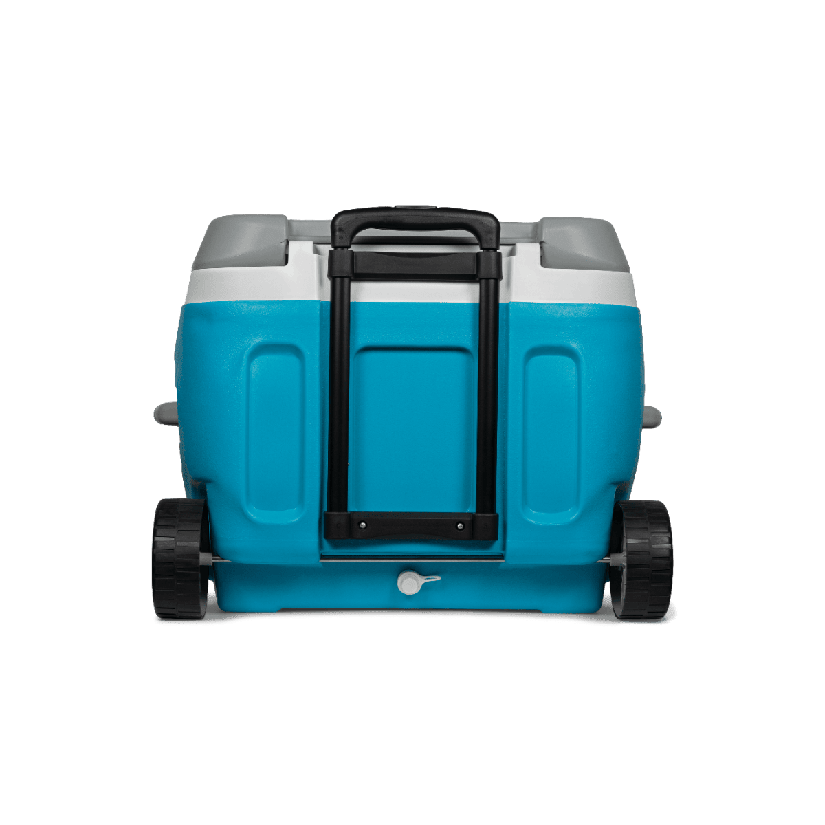 hladilna_torba_66_5 - fizio trgovina blue plastic rolling cooler with wheels and a retractable black handle, viewed from the back/front-facing side showing the rear.