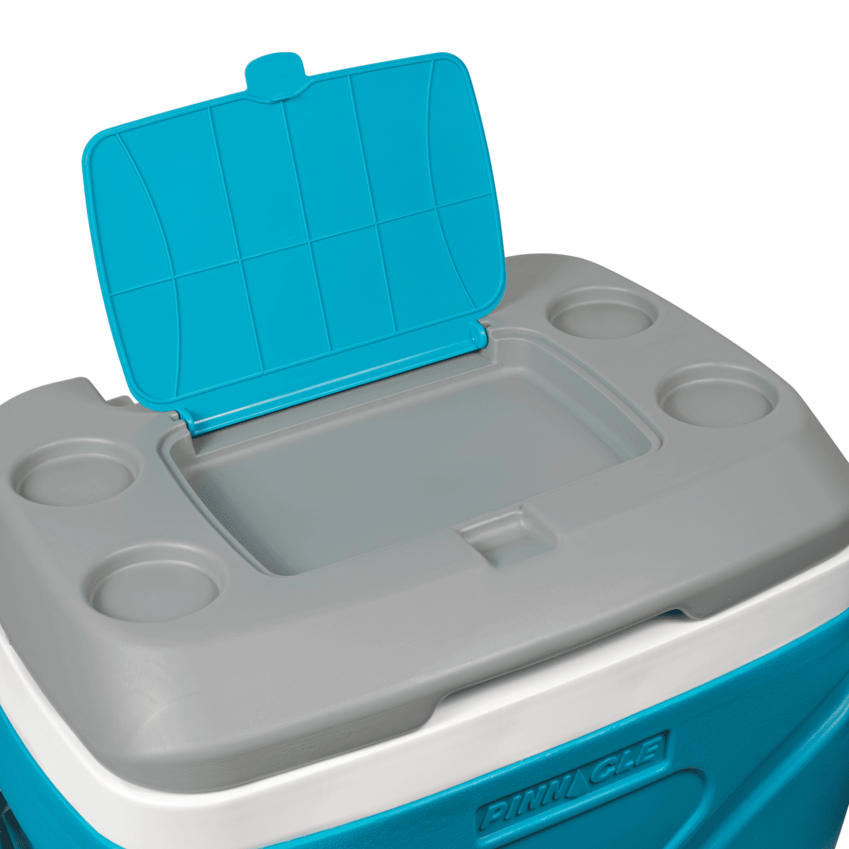 hladilna_torba_66_6 - fizio trgovina blue portable cooler with the lid open, showing cup holders and a shallow recessed area for items inside.