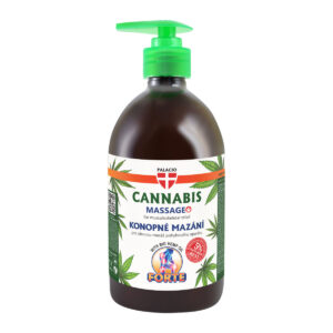 Brown bottle with a green pump dispenser labeled 'Cannabis Massage Forte' for musculoskeletal relief, hemp oil.