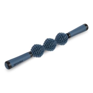 Blue knobby massage roller with three segmented spiked sections and end grips for muscle relief (Spokey)