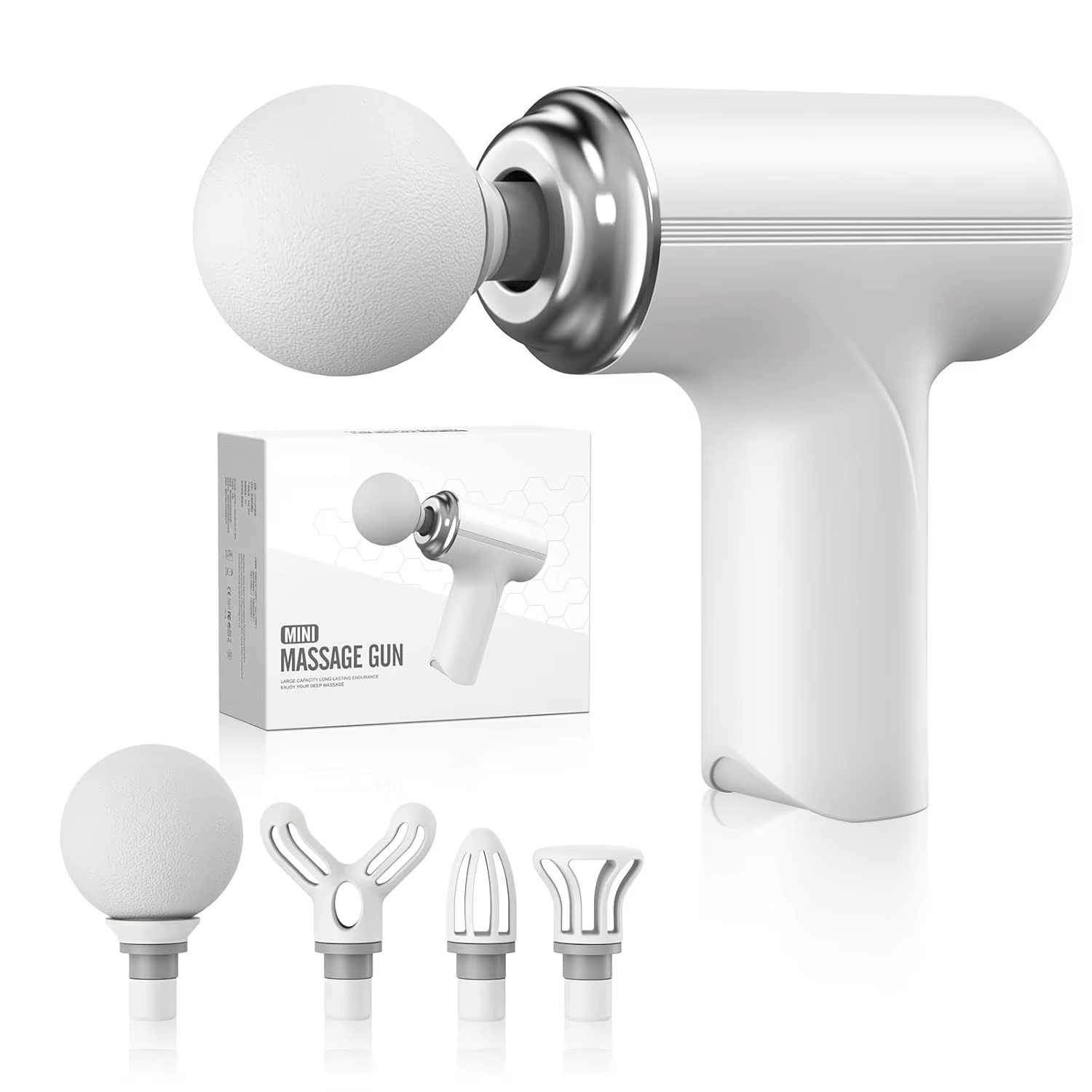 masazna_pistola_3 - fizio trgovina white handheld massage gun with a large foam ball head and multiple interchangeable tips, shown beside its packaging box.