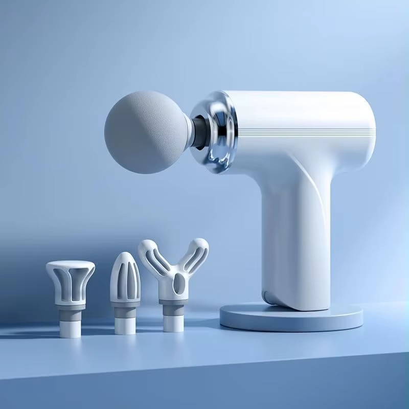 masazna_pistola_4 - fizio trgovina white handheld percussion massage gun with a large round head and four interchangeable attachments on a blue surface, for muscle relief.