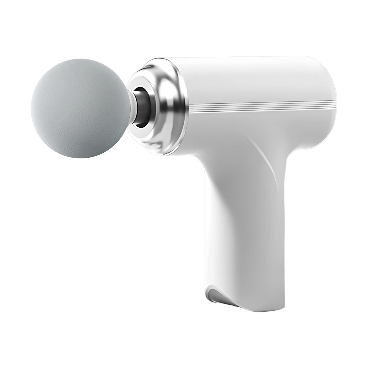 masazna_pistola_6 - fizio trgovina white handheld massage gun with a gray spherical attachment.