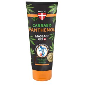 Palacio Cannabis Panthenol Massage Gel tube with hemp leaf pattern and orange cap, for joint and muscle relief (informational product image).