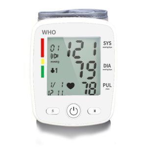 Medical digital blood pressure monitor displaying 121/79 mmHg with pulse 78/min and WHO color risk bars on the left side.