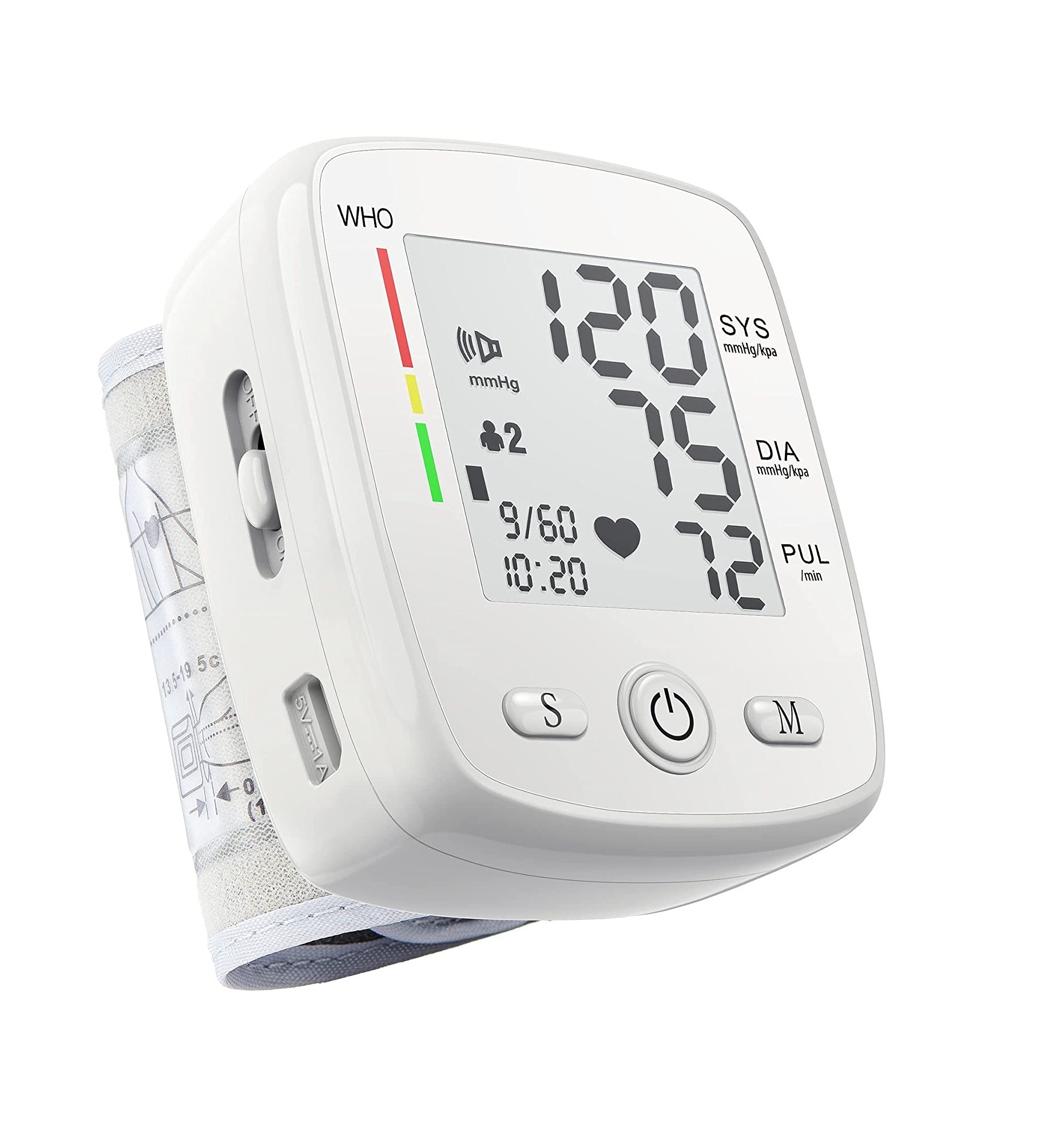 merilec_krvnega_tlaka_5 - fizio trgovina close-up of a digital blood pressure monitor wrapped around an arm with a large display showing readings in a clinical style.