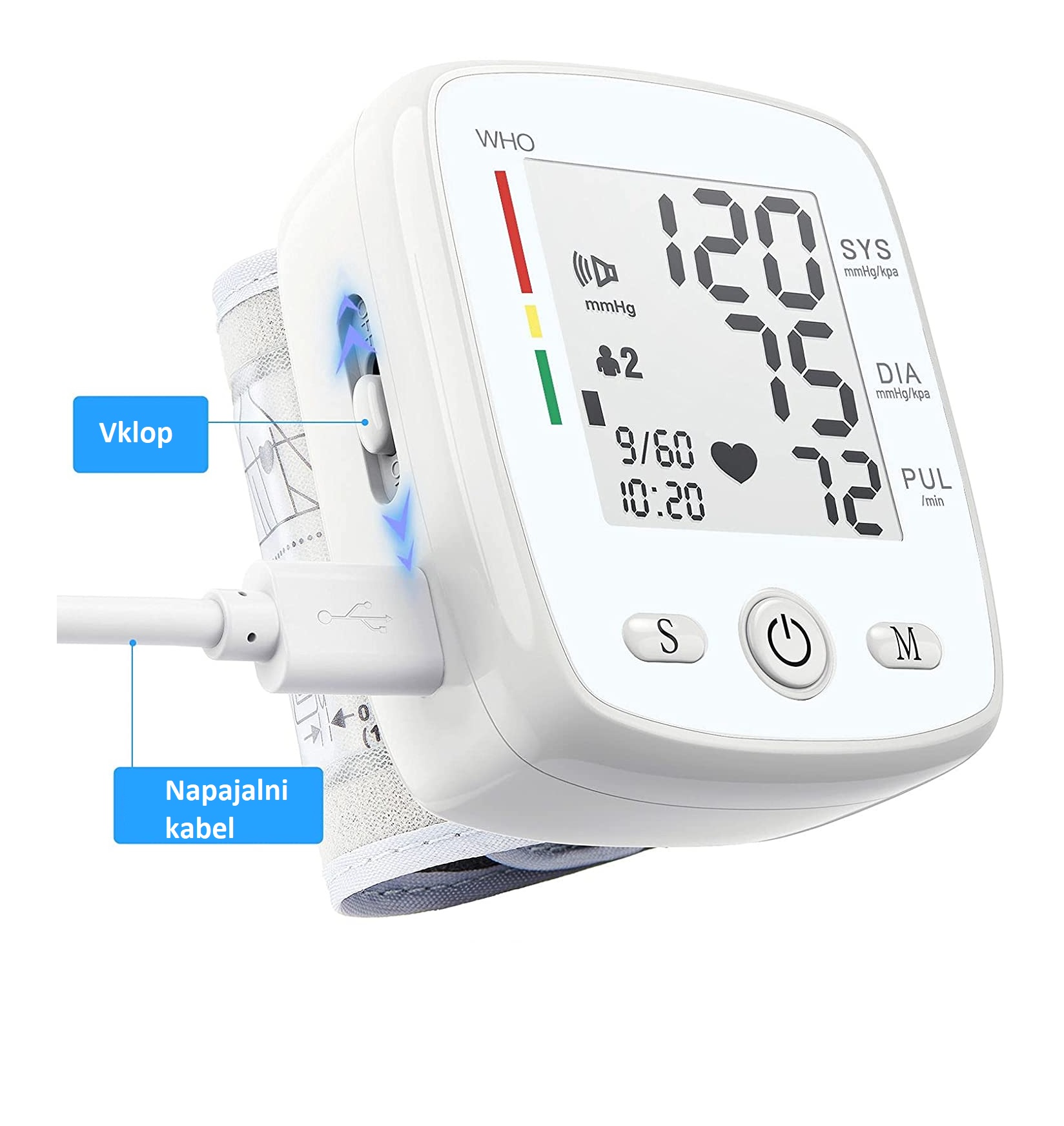 merilec_krvnega_tlaka_6 - fizio trgovina white digital blood pressure monitor with cuff; callouts label the on button (vklop) and power cable (napajalni kabel).