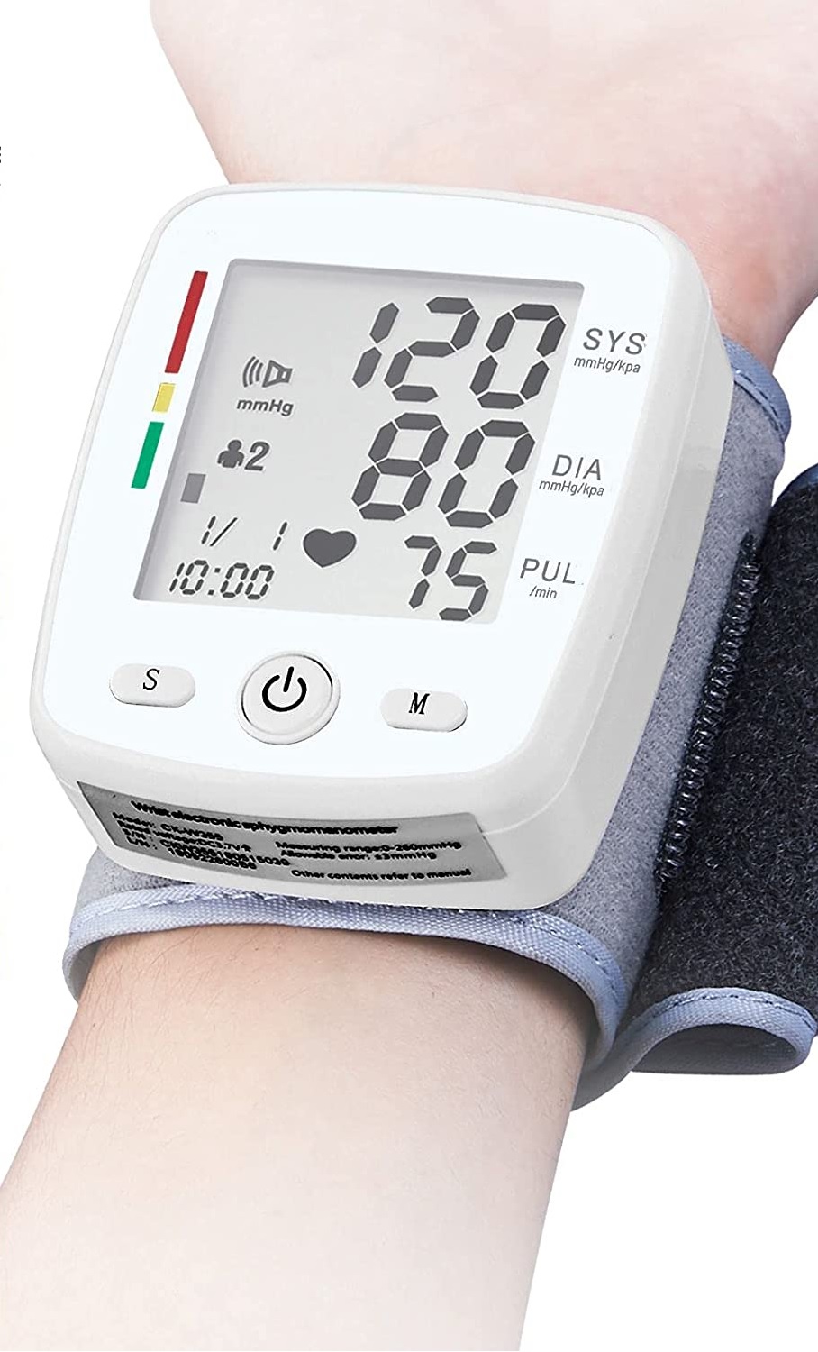 merilec_krvnega_tlaka_7 - fizio trgovina wrist blood pressure monitor on a forearm displaying 120 over 80 mmhg with pulse 75 bpm and a cuff wrapped around the wrist.