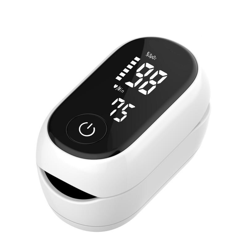 oksimeter_3 - fizio trgovina portable fingertip pulse oximeter with a black display showing spo2 and pulse rate, white curved body and power button nearby.