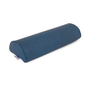 Blue cylindrical bolster pillow with rounded ends on a white background, designed for neck or back support.