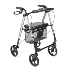 Front view of a foldable mobility scooter with black handles and a mesh basket beneath the seat area, on a white background.