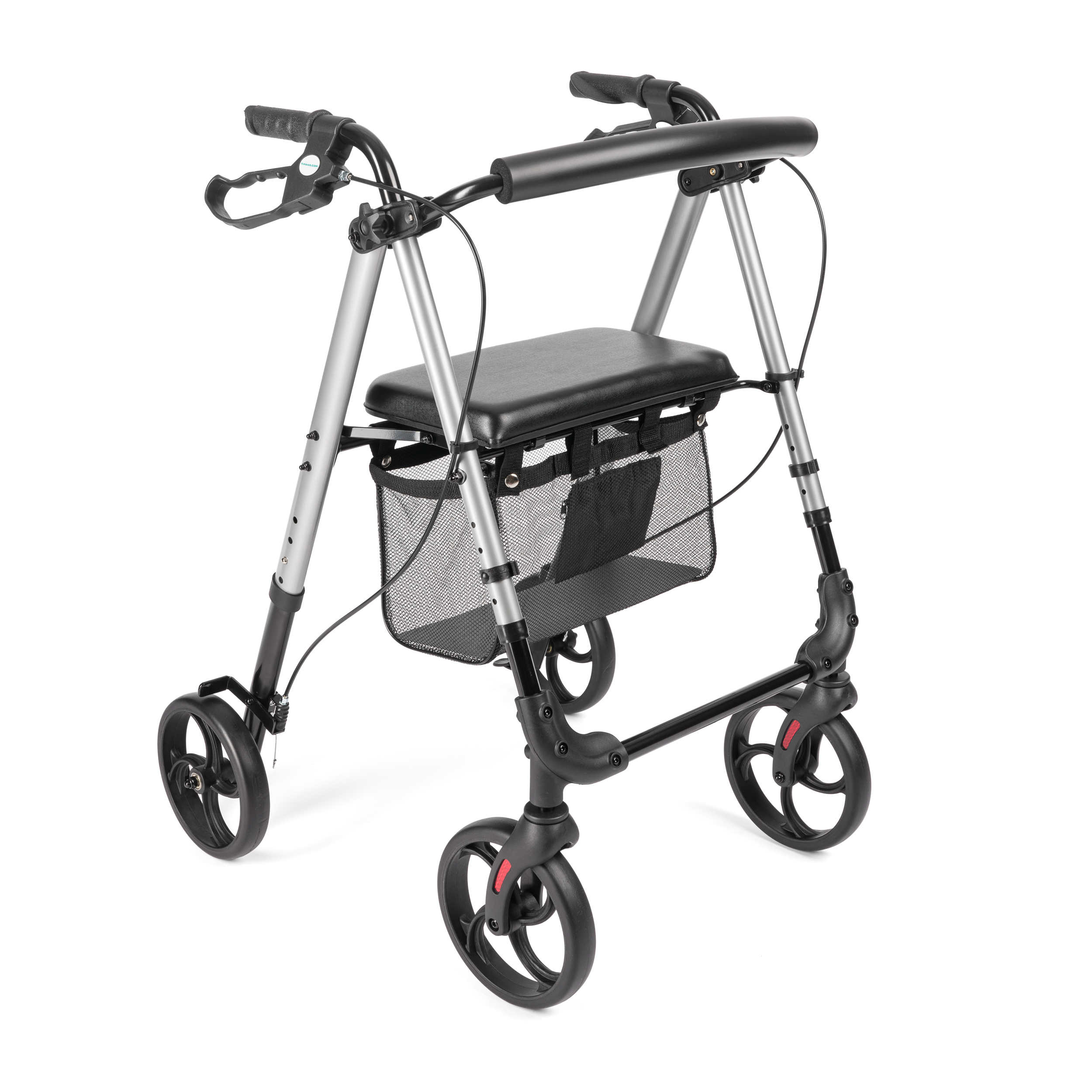 rolator_alina - fizio trgovina front view of a foldable mobility scooter with black handles and a mesh basket beneath the seat area, on a white background.