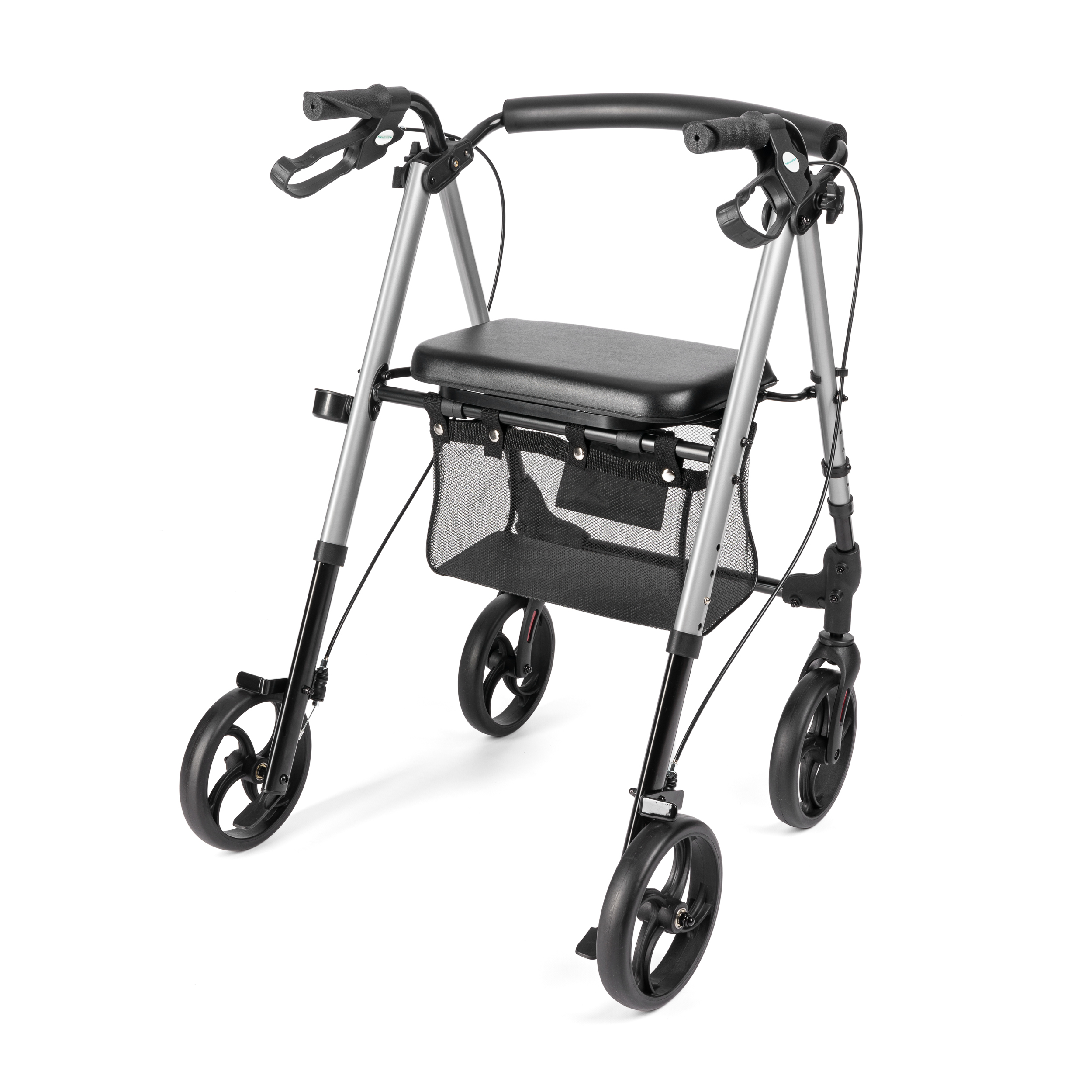 rolator_alina_1 - fizio trgovina front half of a rollator walker with a padded seat, handles, and a mesh storage basket between the legs