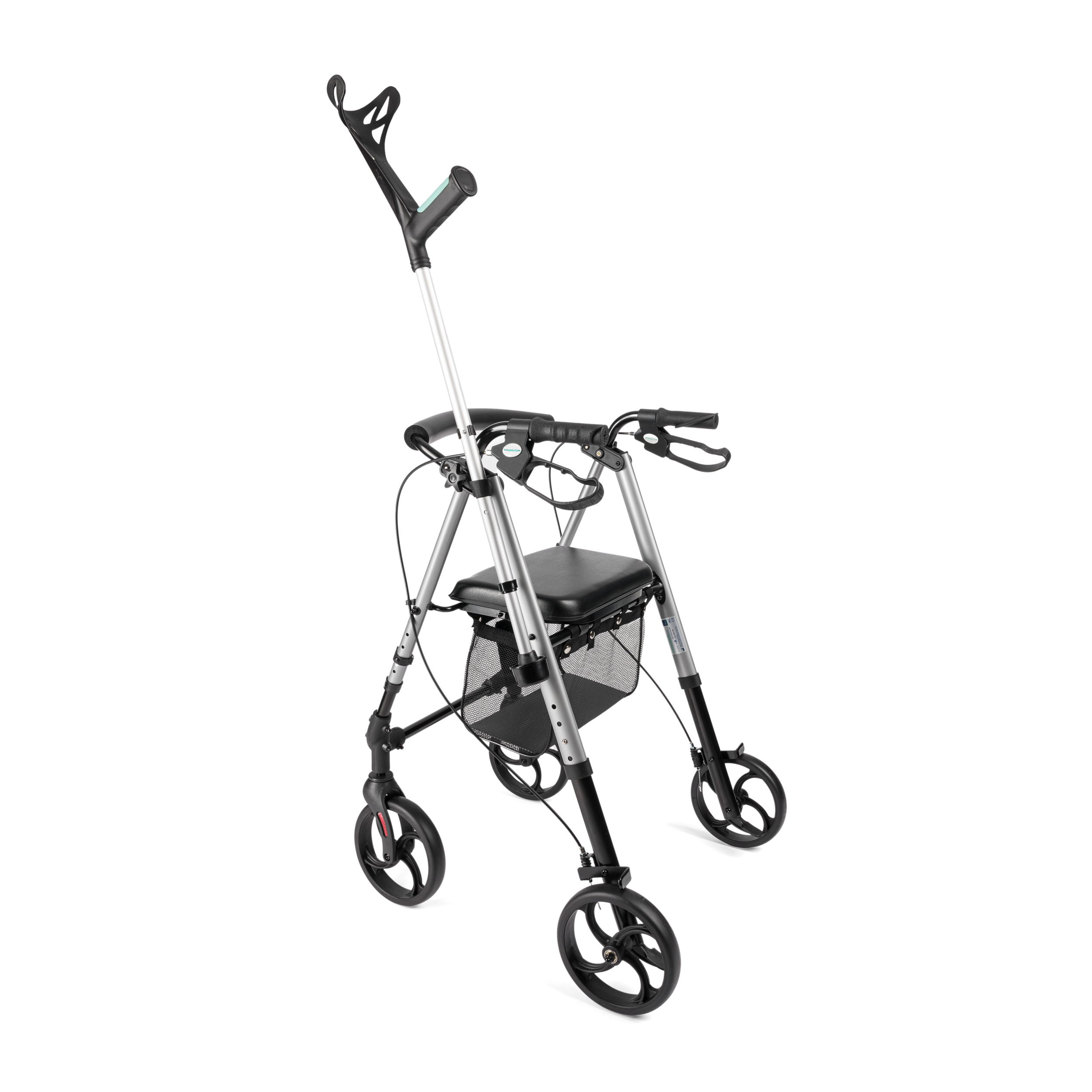 rolator_alina_4 - fizio trgovina front view of a black-and-silver mobility scooter with a mesh storage basket beneath the seat and ergonomic handlebars with brake levers.