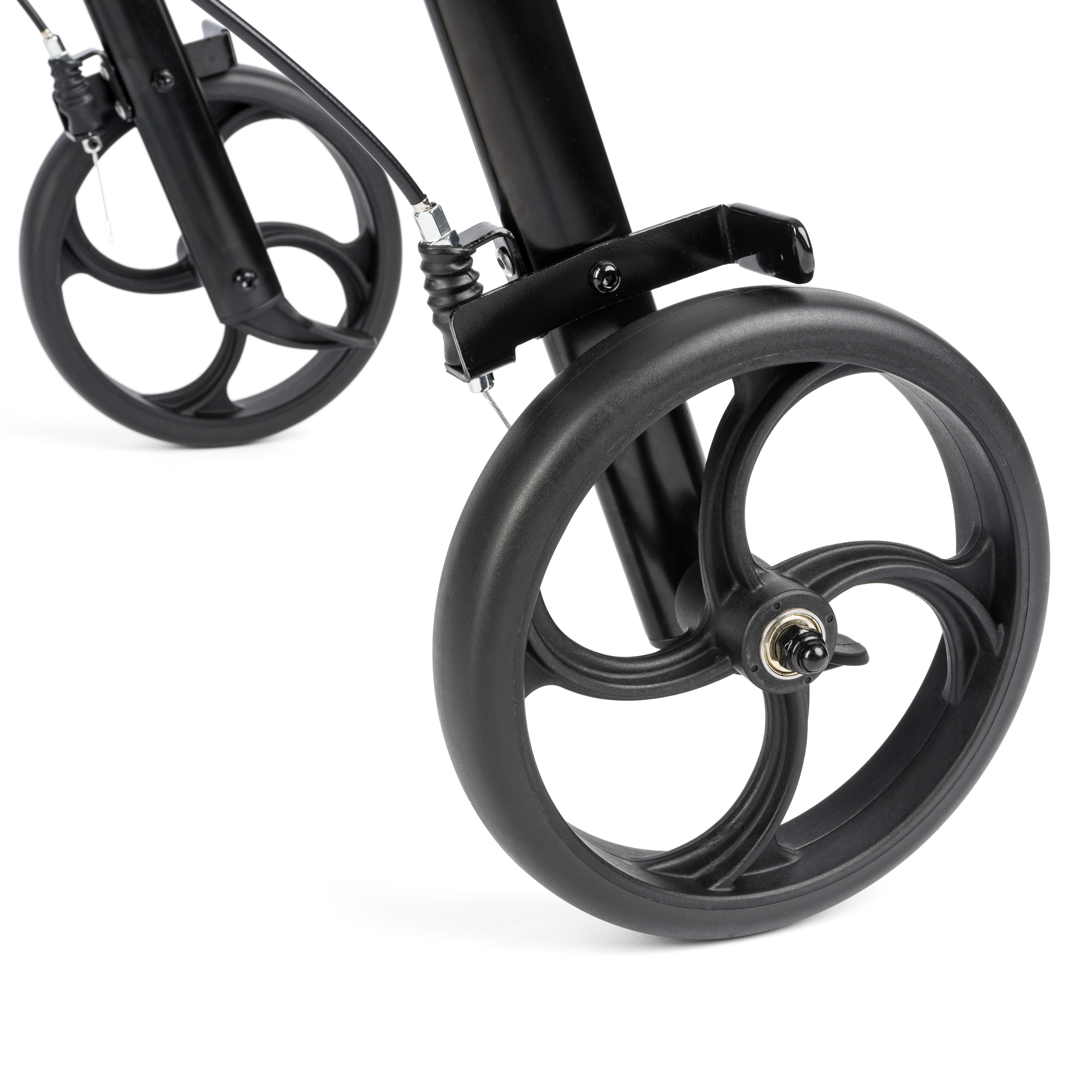 rolator_alina_5 - fizio trgovina close-up of a black bicycle's front wheel and frame, showing a brake cable connected to a cantilever brake.