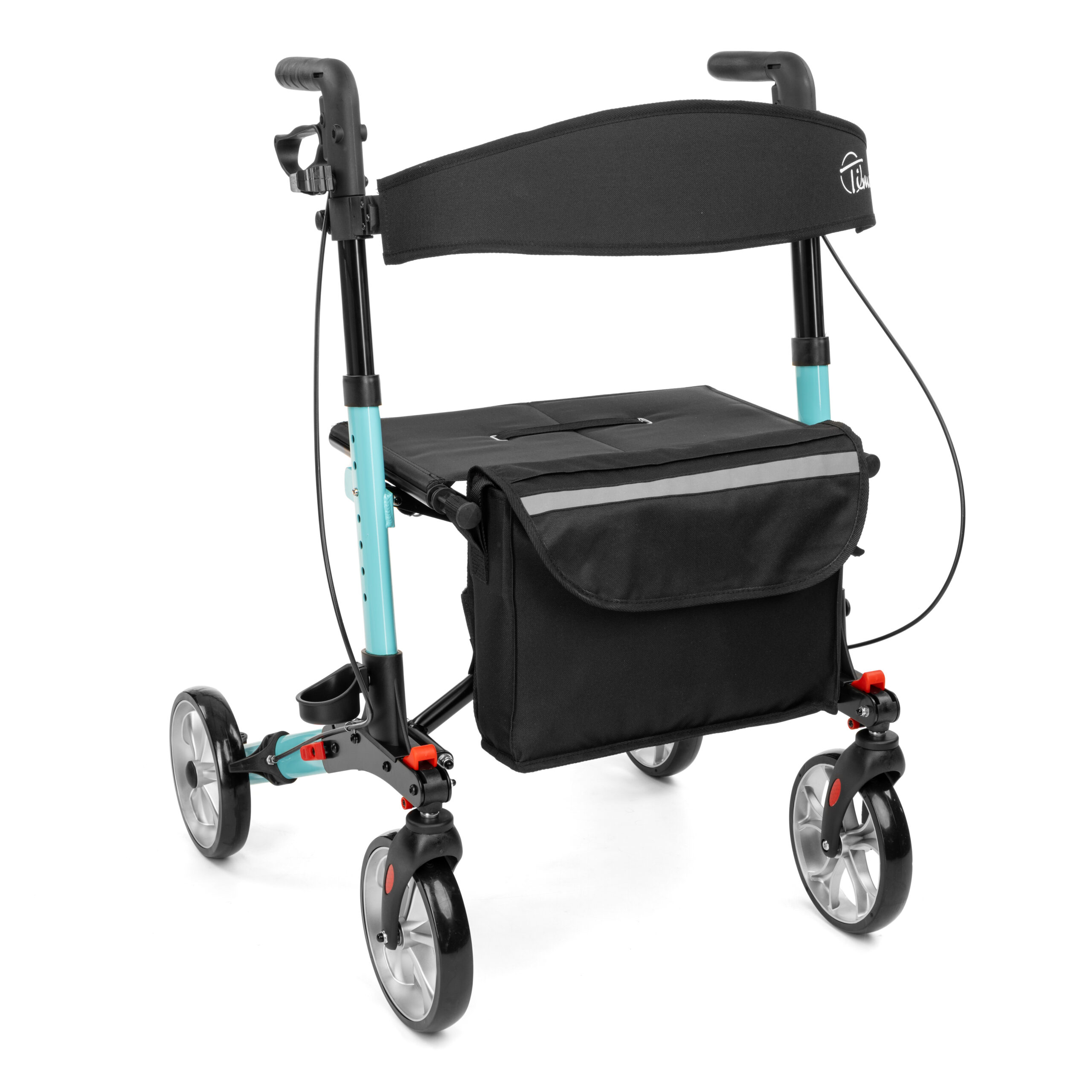 rolator_yola - fizio trgovina teal-framed rollator walker with a black padded seat, storage bag, and a black backrest strap section.