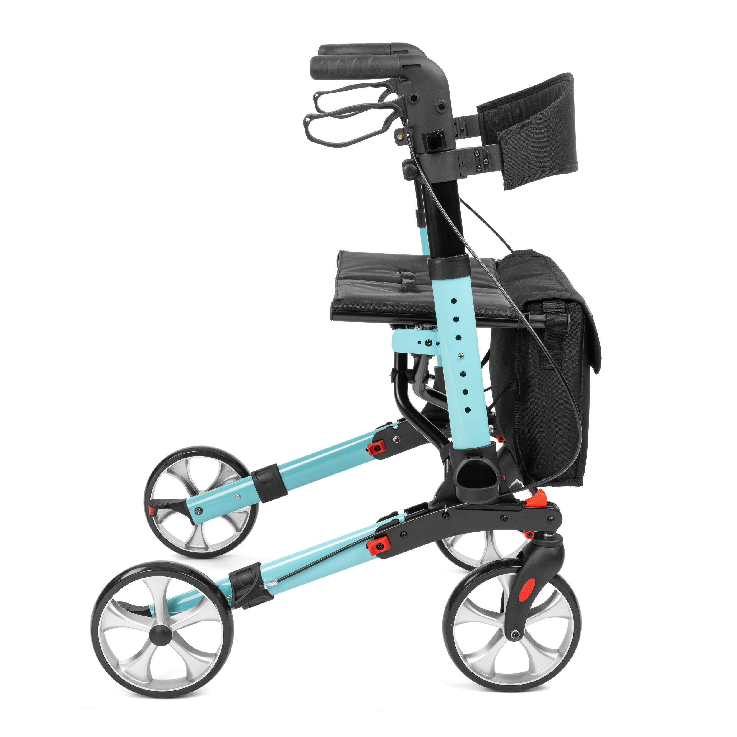 rolator_yola_1 - fizio trgovina side view of a teal folding mobility scooter featuring large rear wheels, a padded seat, and a black backrest/arm support assembly.