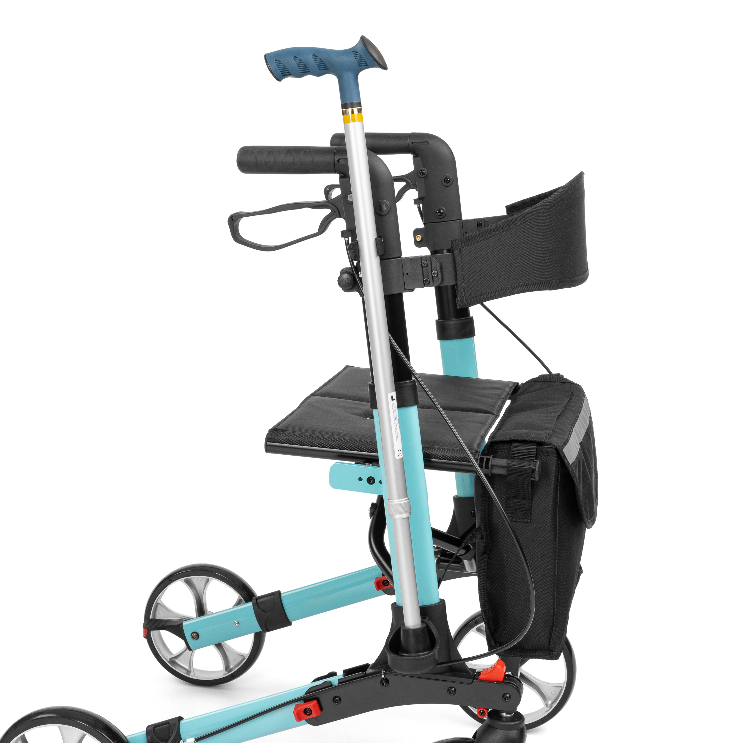 rolator_yola_5 - fizio trgovina front view of a teal and black mobility scooter showing the handlebar, seat, and large front wheels.