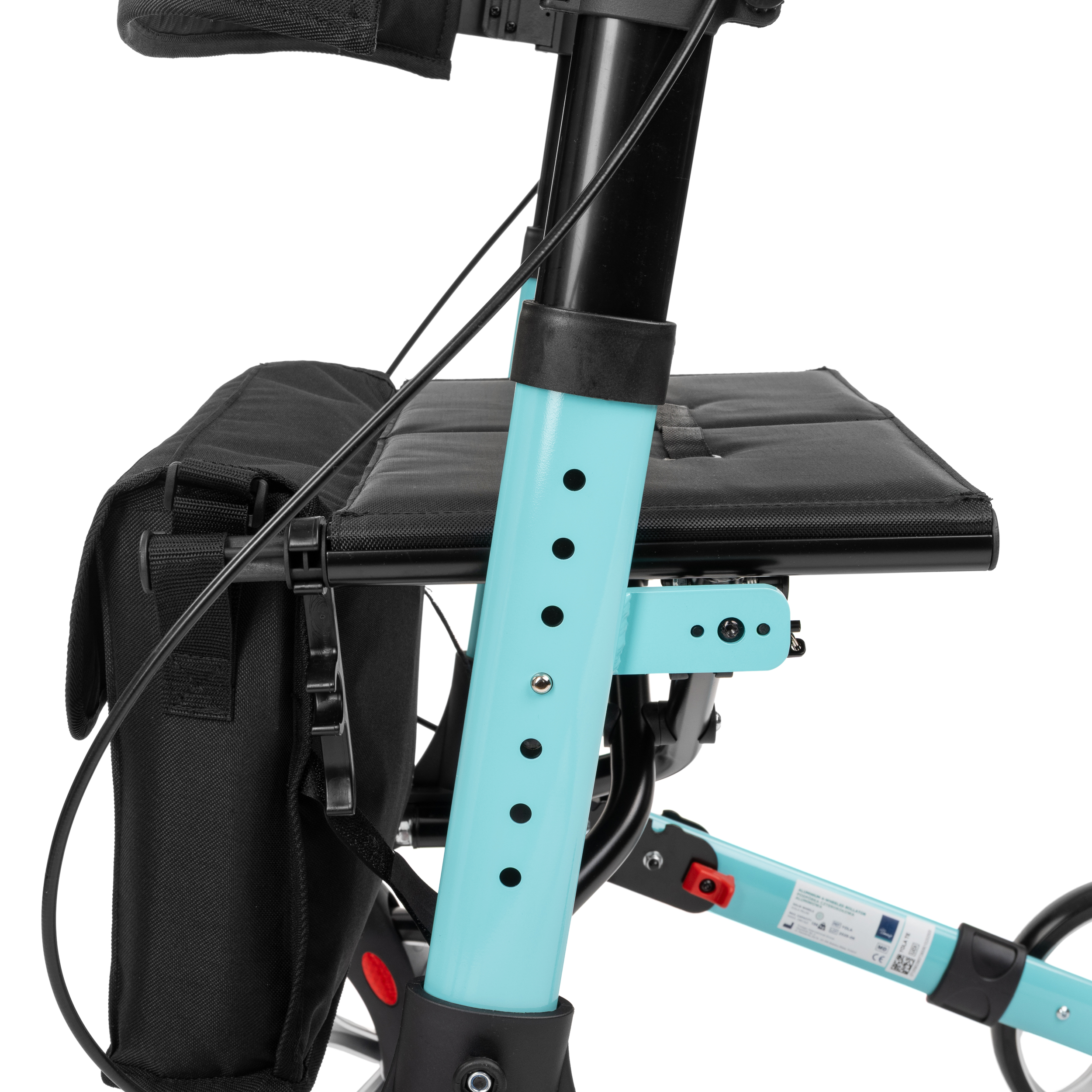 rolator_yola_6 - fizio trgovina close-up of a turquoise scooter/-folding chair frame with black seat bag and cables visible on a white background, side view.