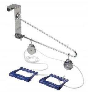 Door-mounted exercise pulley system with two blue-handled grips connected by white cables for resistance training.