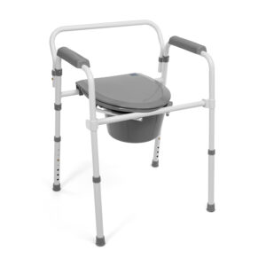 white rollator/walker with a gray seat and padded gray handgrips, four adjustable legs, and rubber feet, shown from an oblique front view for mobility support use.