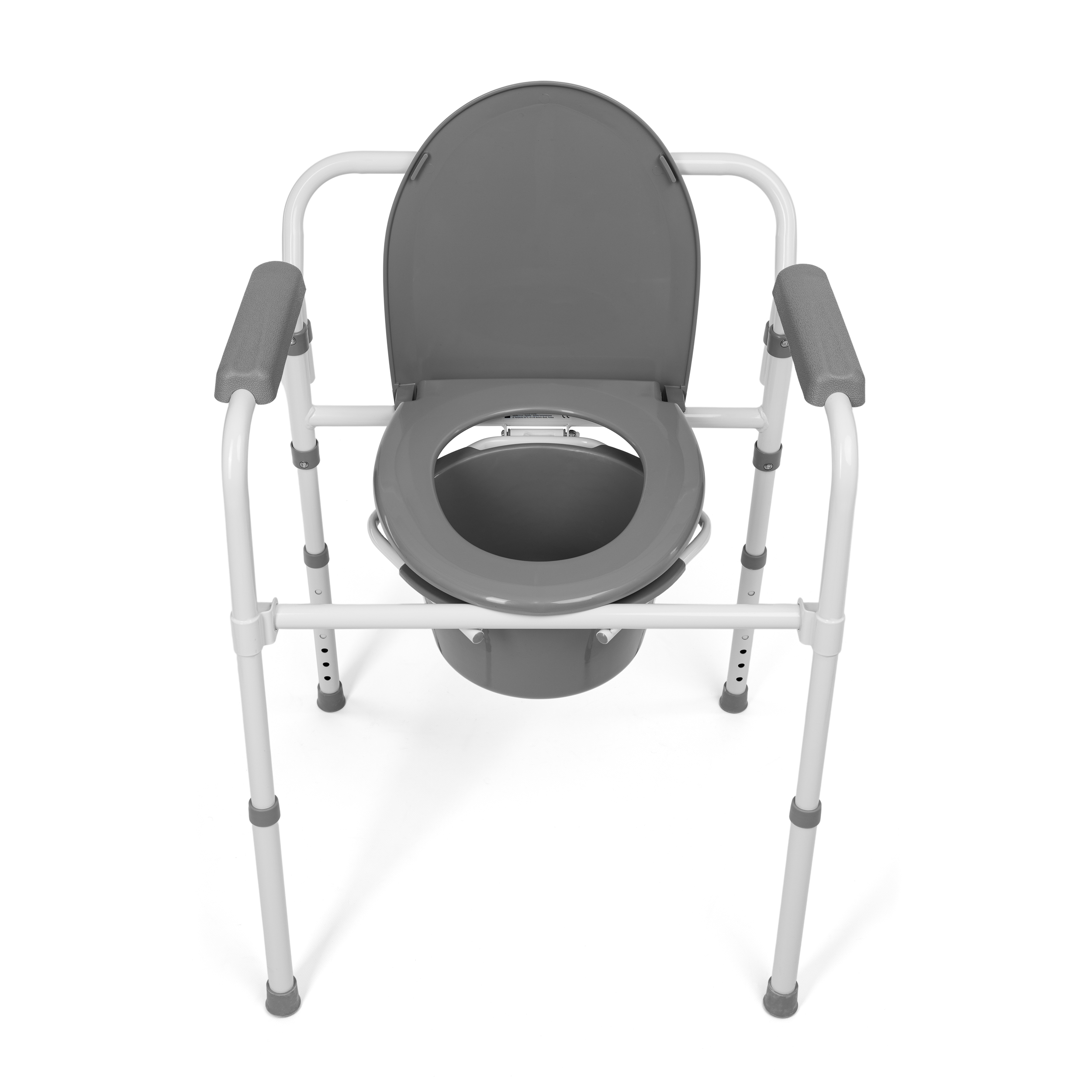 toaletni_stol_1 - fizio trgovina commode chair with gray seat and back, white frame, and padded armrests viewed from the front.