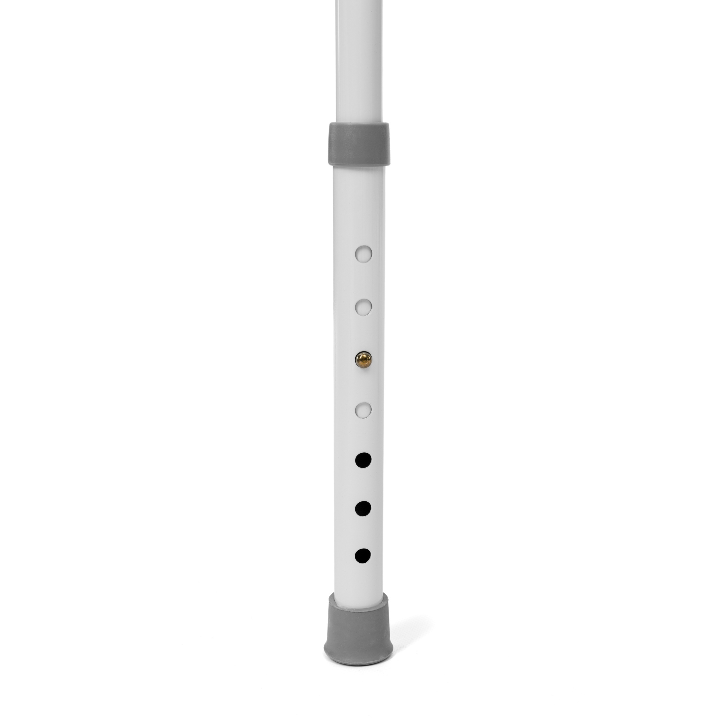 toaletni_stol_2 - fizio trgovina close-up of a white perforated vertical pole with a gray locking clamp around it.