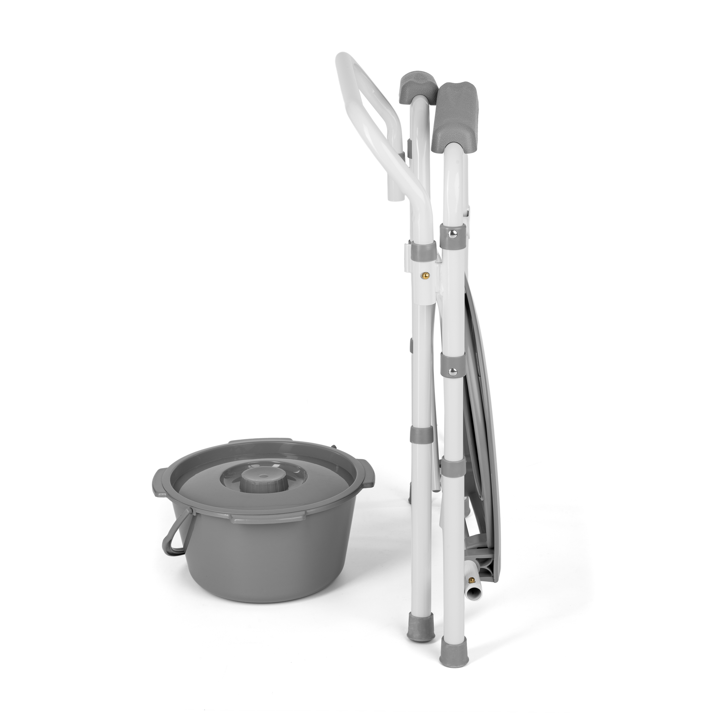 toaletni_stol_3 - fizio trgovina folding walker with a gray plastic commode bucket attached at the front.