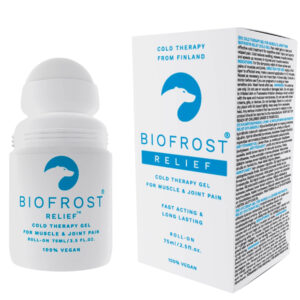 White BioFrost gel bottle with blue bear logo beside its matching box that reads 'BIOFROST RELIEF' in blue text. The box shows a blue circular bear icon and dense side text.