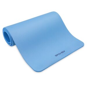 Blue yoga mat partially unrolled, with a rolled end on the left against a white background.