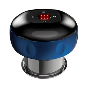 Blue and black compact countertop device with a control panel on top and red LED indicators.