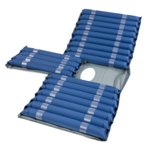 Blue inflatable tubular cushions with reflective bands arranged along a light gray frame, likely part of a medical support device.