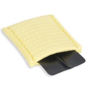 Yellow microfiber cleaning pad attached to a black plastic scraper blade, used for cleaning surfaces.