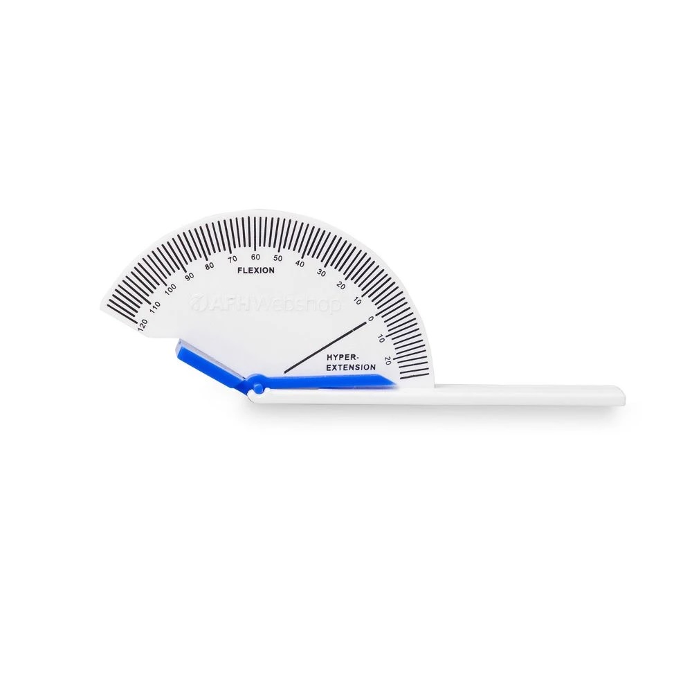 goniometer_za_prste - fizio trgovina goniometer protractor used to measure flexion and hyperextension; white with blue handles, on a white background.