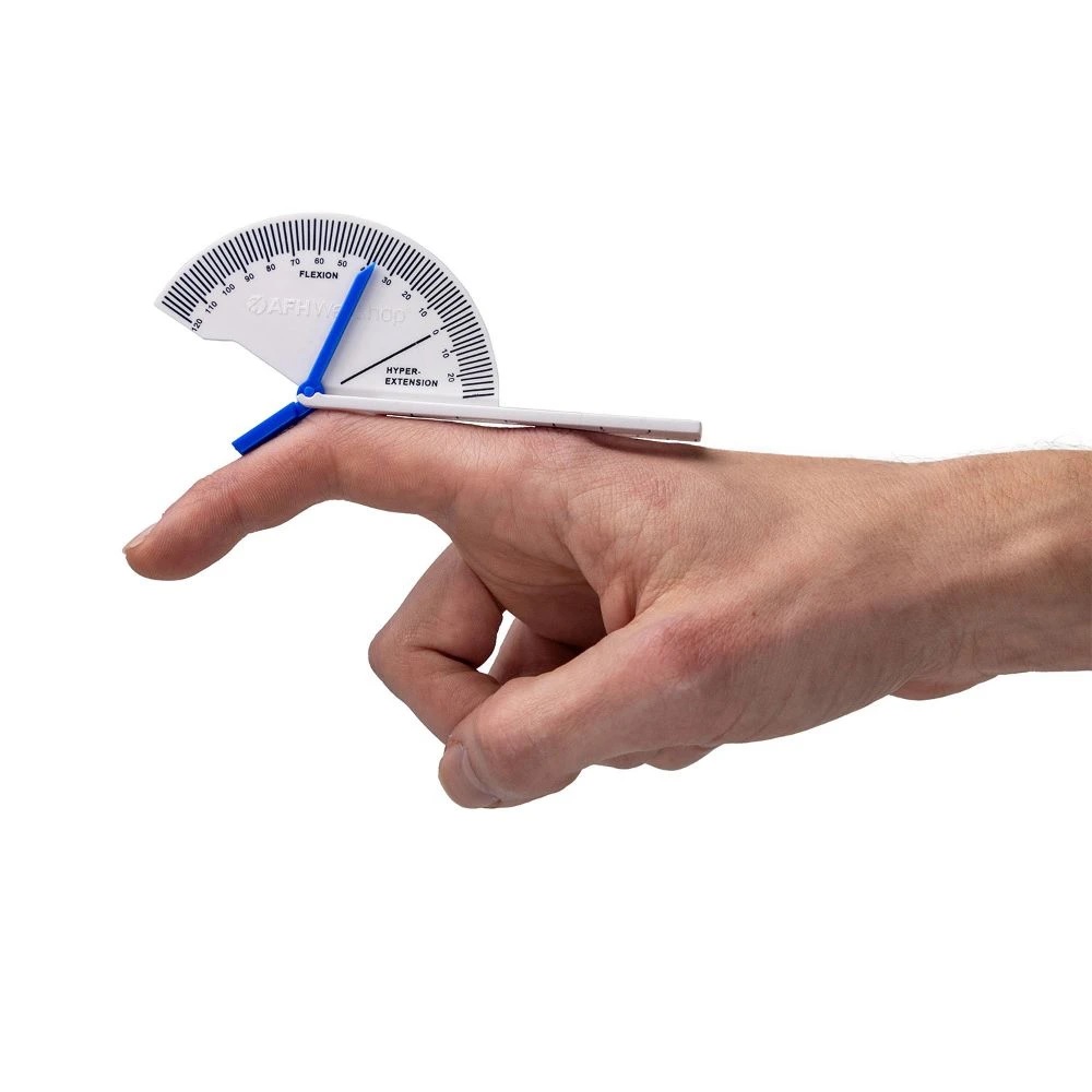 goniometer_za_prste_2 - fizio trgovina close-up of a hand with a small protractor placed on the index finger to measure its bend and angle, against a white background.