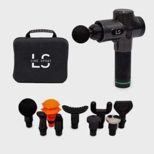 Black handheld percussion massage gun with nine interchangeable attachments and a black carrying case.