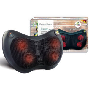black u-shaped massage cushion with glowing red nodes, in front of its packaging box.