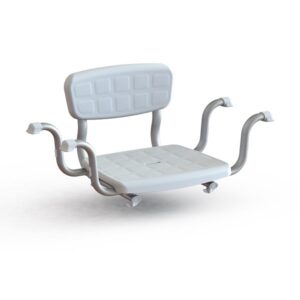 White shower chair with four curved armrests, a textured seat and backrest, on small wheels for bathroom use and mobility.