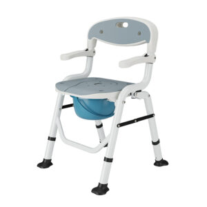White pediatric commode chair with armrests, blue removable bowl, and rubber-tipped legs.