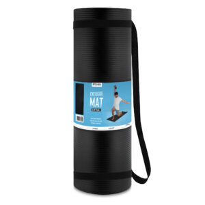 Rolled black exercise mat with a carrying strap and blue label showing ‘Exercise Mat’ near the bottom edge of the roll.