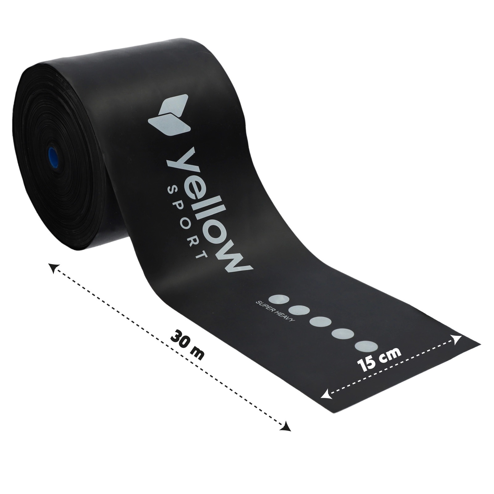 elasticni_trak_30m_26 - fizio trgovina rolled black resistance band with white branding and measurement markings, laid diagonally on white background.
