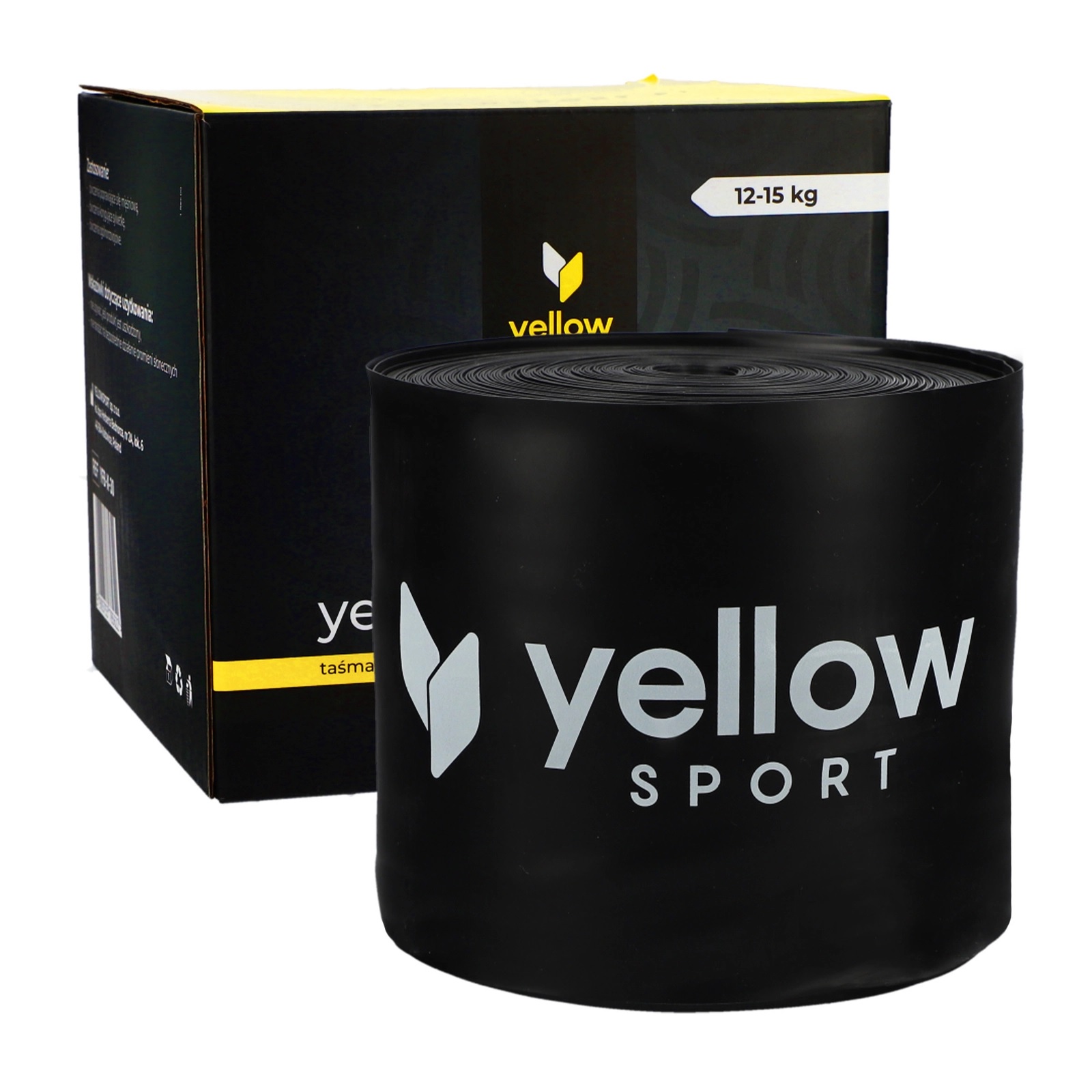 elasticni_trak_30m_27 - fizio trgovina rolled black yoga mat with a visible 'yellow sport' logo; box packaging in the background.