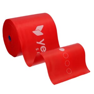 Rolled red yoga/resistance strap with a white logo on a white background